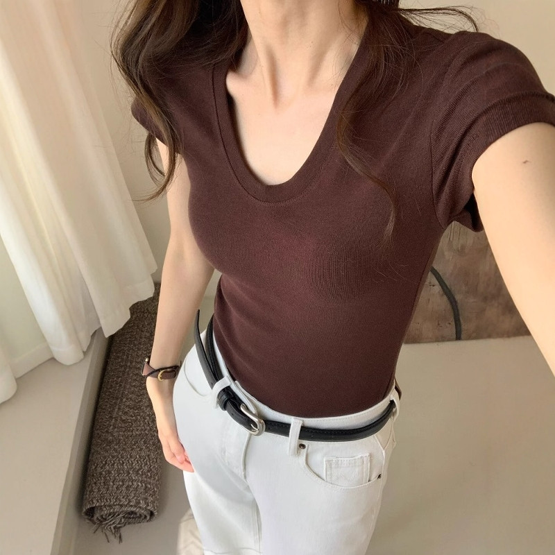 Women Fashion Blouse - U-Neck Shoulder Short Sleeve T-Shirt Women