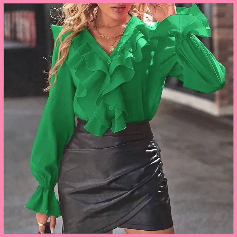 Women Fashion Blouse - 2025 Fashion V-Neck Ruffle Flare Sleeve