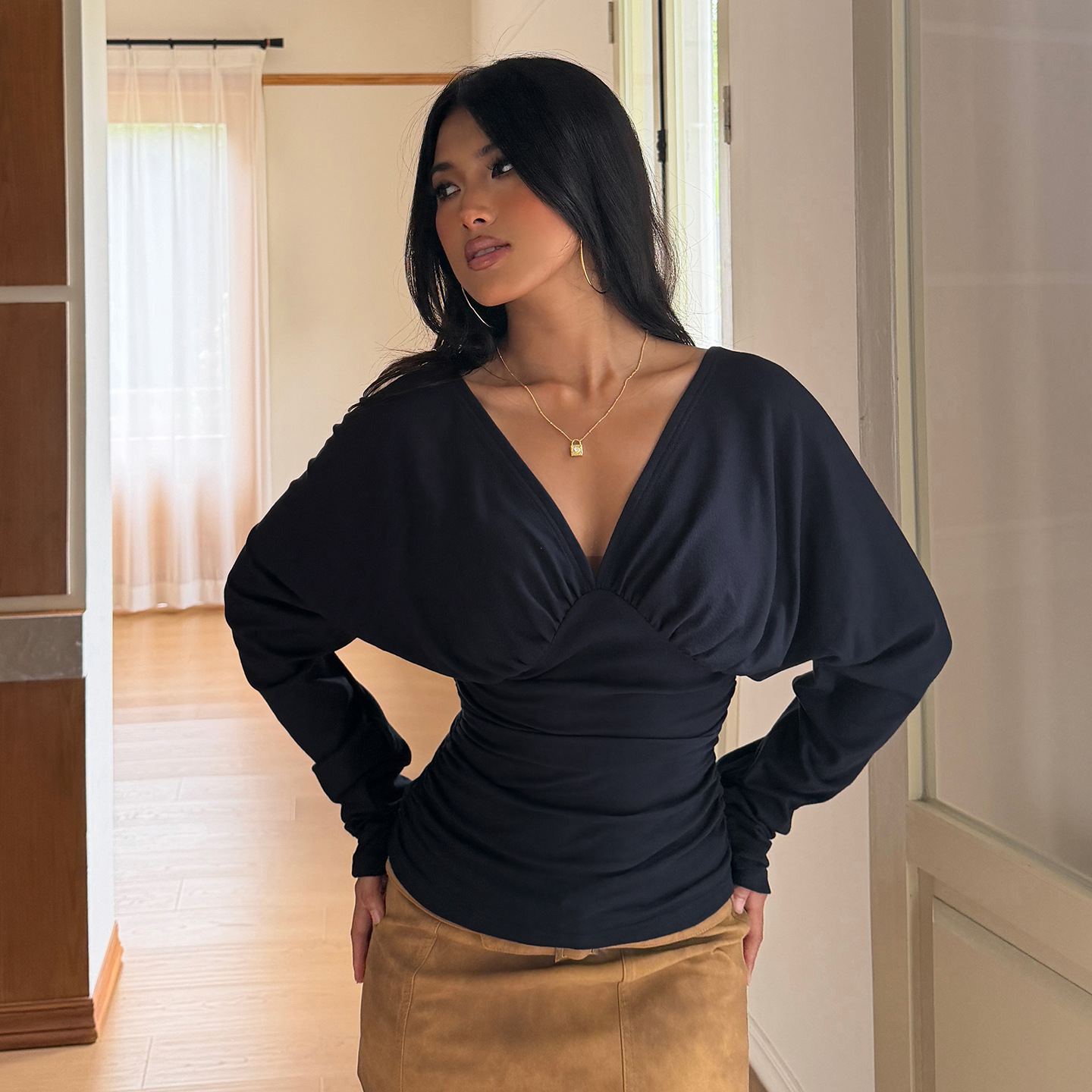 Women Fashion Blouse - Elegant V Neck Tops Solid T