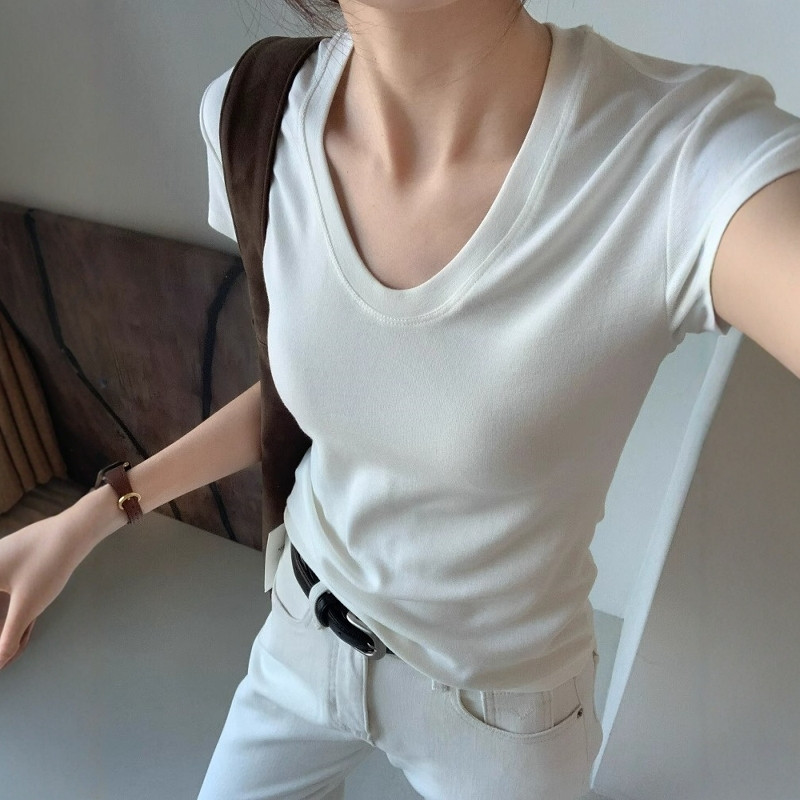U-Neck Shoulder Short Sleeve T - Women Fashion Blouse recension och pris