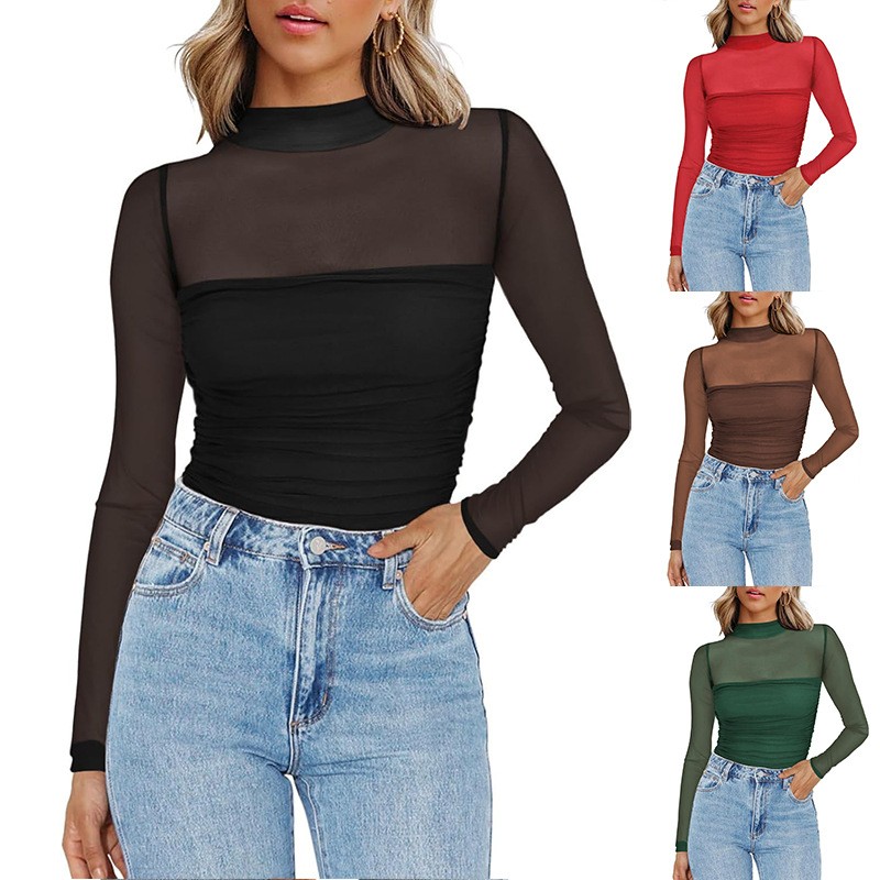 Women's Solid Color Sheer Mesh - Women Fashion Blouse recension och pris